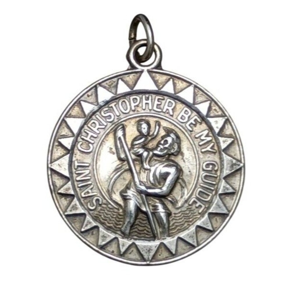 Signed Sterling Silver ST CHRISTOPHER BE MY GUIDE Religious Medal Pendant VTG